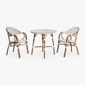 Ronde Tafelset Ø80 Cm En 2 Stapelbare Stoelen Met Armleuningen In Textileen En Aluminium Brielle Bistro Gardenia Wit - Sklum