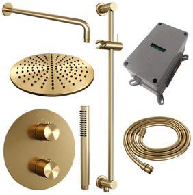 Brauer Gold Edition thermostatische inbouw regendouche met staafhanddouche, gebogen muurarm, glijstang en hoofddouche 30cm set 88 messing geborsteld PVD