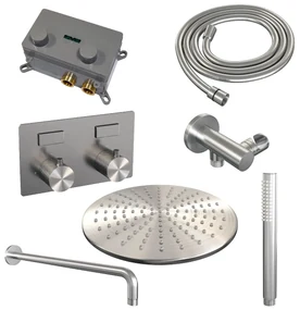 Brauer Brushed Carving thermostatische inbouw regendouche met staafhanddouche, gebogen muurarm en hoofddouche 30cm set 52 RVS geborsteld PVD