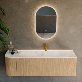 Mondiaz Kurve-dlux 145cm badmeubel ronding links oak met 1 lade en deur en wastafel big large kraangat rechts frappe