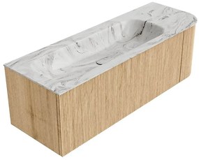 Mondiaz Kurve-dlux 135cm badmeubel ronding rechts oak met 1 lade en deur en wastafel big medium links zonder kraangat glace