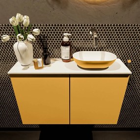 Mondiaz Fowy toiletmeubel 80cm ocher met gele waskom rechts zonder kraangat