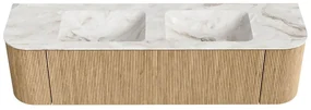 Mondiaz Kurve-dlux 170cm badmeubel ronding links/rechts oak met 1 lade en 2 deuren en wastafel leaf dubbel zonder kraangat frappe
