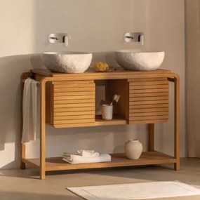 Bradley Teakhouten Badkamermeubelset 2 X Onregelmatige In Wit Cement ↔︎40 Cm Fedro & Onregelmatige Led En Anti-condens 140x75 Cm Riben - Sklum