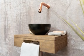 Saniclear Seba fonteinset met bruin eiken plank, zwarte waskom en koperen kraan voor in het toilet