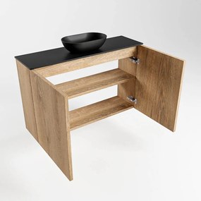 Mondiaz Fowy toiletmeubel 80cm washed oak met zwarte waskom midden en kraangat