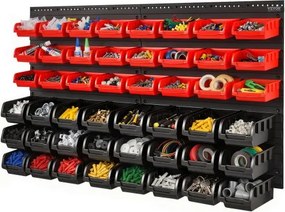 VEVOR stapelboxen, 48-container onderdelenrek organizer voor garage, kunststof gereedschapsrek met wandpanelen, gereedschapsorganizer voor moeren, bouten, schroeven, spijkers, kralen, knopen, zwart en rood