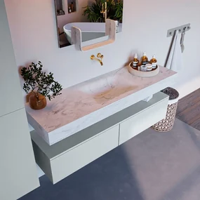 Mondiaz Alan DLux badmeubel 150cm clay 2 lades met wastafel opalo midden zonder kraangat