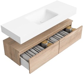 Zaro Alan badmeubel 130cm washed oak 2 lades met vrijhangende wastafel cloud midden 1 kraangat talc