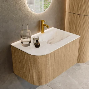 Mondiaz Kurve-dlux 75cm badmeubel ronding links oak met 1 lade en deur en wastafel grunne kraangat rechts frappe