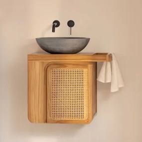Georgy Zwevend Badkamermeubelset 60x40 Cm In Teakhout Teakhout & Rond Grijs Cement Ø40 Cm Tarsis & Spiegelloze & Matzwart Inbouwmodel Met Afvoerkraan