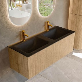 Mondiaz Kurve 120cm badmeubel oak met 1 lade en wastafel cloud dubbel 2 kraangaten urban