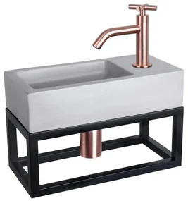 Differnz Ravo fonteinset - 38.5x18.5x25cm - Rechthoek - 1 kraangat - Gebogen rose koperen kraan - met zwart frame - kruisgreep - beton lichtgrijs 38.402.01
