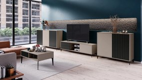 Commode RIMINI K-242, Taupe Beige/Mat Zwart - MODERNE KAST MET LADEN EN GERIBBELDE FRONTEN