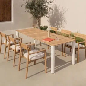 Rechthoekige Tafelset 220x100 Cm In Aluminium En Teakhout Sirka En 6 Tuinstoelen Met Armleuningen In Hout Saira Licht Teakhout - Sklum