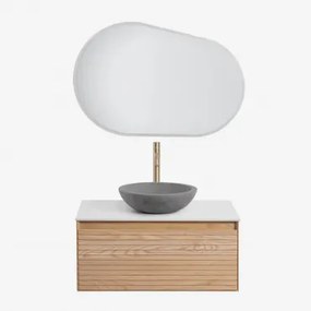 Tedrik Badkamermeubelset In Essenhout Ash Brown & Rond Grijs Cement Ø40 Cm Tarsis & Ovaal Led En Anticondens 100x65 Cm Meunier & Goud - Sklum