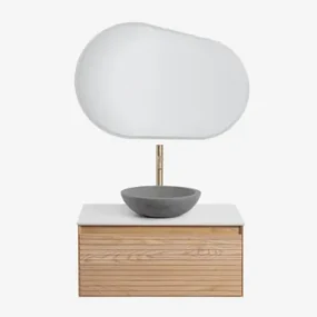 Tedrik Badkamermeubelset In Essenhout Ash Brown & Rond Grijs Cement Ø40 Cm Tarsis & Ovaal Led En Anticondens 100x65 Cm Meunier & Goud - Sklum