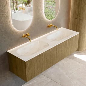 Mondiaz Kurve-dlux 150cm badmeubel dusk met 2 lades en wastafel stor small dubbel zonder kraangat ostra
