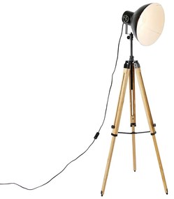 Industriële tripod vloerlamp zwart met hout - Mangoes