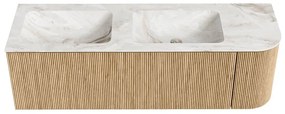 Mondiaz Kurve-dlux 145cm badmeubel ronding rechts oak met 1 lade en deur en wastafel leaf dubbel/links 2 kraangaten frappe