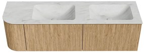 Mondiaz Kurve-dlux 155cm badmeubel ronding links oak met 2 lades en 1 deur en wastafel leaf dubbel/rechts 2 kraangaten opalo