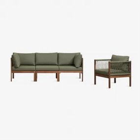 Tuinset Met 3-delige Modulaire Bank Met Armleuningen En Fauteuil Van Acaciahout Branson Intens Olijfgroen - Donker Acaciabruin - Sklum