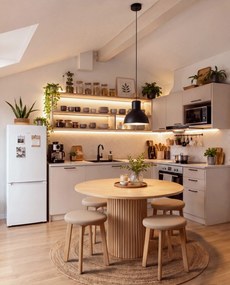 Mazzoni ZOI Beige (stof Storm 06)/eiken onderstel - RONDE GESTOFFEERDE KRUK VOOR KEUKEN/WOONKAMER