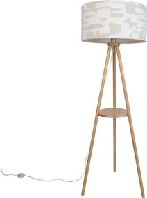Vloerlamp hout tripod met wit en beige gestreepte kap 50cm - Lou