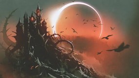 Ilustratie castle of thorn with solar eclipse in dark sky, Grandfailure