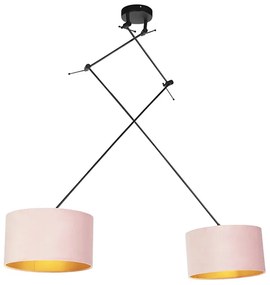 Hanglamp zwart met velours kappen roze met goud 35 cm 2-lichts - Blitz