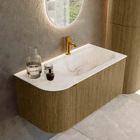 Mondiaz Kurve-dlux 95cm badmeubel ronding links dusk met 1 lade en deur en wastafel big small kraangat rechts frappe