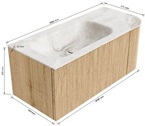 Mondiaz Kurve-dlux 105cm badmeubel ronding rechts oak met 1 lade en deur en wastafel big small links zonder kraangat ostra