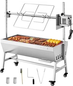 VEVOR Rotisserie Grill 38 W voor speenvarken, lamsvlees of houtskool (94 cm grilllengte) met een draagvermogen van 60 kg, wielen en 7-voudige hoogteverstelling, roestvrijstalen elektrische grillset voor kamperen en buitengebruik