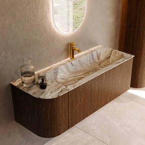 Mondiaz Kurve-dlux 125cm badmeubel ronding links dusk met 1 lade en deur en wastafel big medium kraangat rechts glace