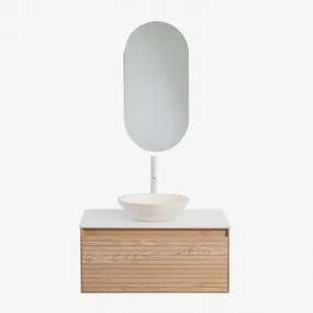 Tedrik Zwevend Badkamermeubelset Van Essenhout Ash Brown & Rond Cement Wit Ø40 Cm Zavion & Ovaal Met Opbergruimte 45x90 Cm Abner & Wit - Sklum