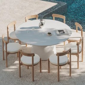 Ronde Tafelset Ø150 Cm In Cement Numira En 8 Tuinstoelen Van Acaciahout Nualis Helder Wit - Sklum