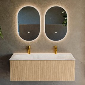 Mondiaz Kurve-dlux 120cm badmeubel oak met 1 lade en wastafel big large midden 2 kraangaten frappe