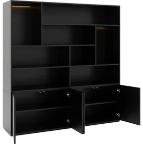 Goossens Basic Buffetkast Madrid, 4 dichte deuren 8 open vakken, zwart melamine, 184 x 191 x 45 cm, elegant chic