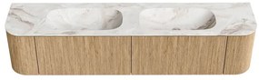 Mondiaz Kurve-dlux 200cm badmeubel ronding links/rechts oak met 2 lades en deuren en wastafel stor small dubbel zonder kraangat frappe