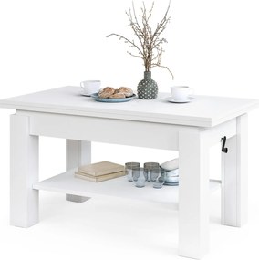 BRAVO wit – uitschuifbare en in hoogte verstelbare salontafel, tafel met plank