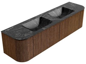 Mondiaz Kurve-dlux 180cm badmeubel ronding links/rechts walnut met 2 lades en deuren en wastafel leaf dubbel zonder kraangat lava