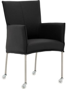 Goossens Eetkamerstoel Funk RVS Poten zwart leer met armleuning en Transparant skater wiel met rvs kapmet wielen, modern design