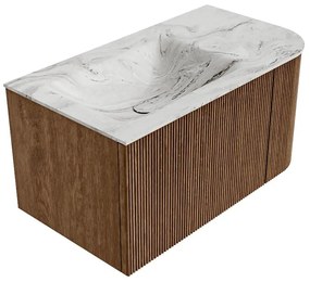 Mondiaz Kurve-dlux 85cm badmeubel ronding rechts walnut met 1 lade en deur en wastafel cloud links zonder kraangat glace