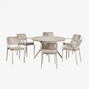 Ronde Tafelset Ø125 Cm Valerie En 6 Stapelbare Tuinstoelen Met Armleuningen In Arhiza Aluminium Bruin - Mokka - Sklum