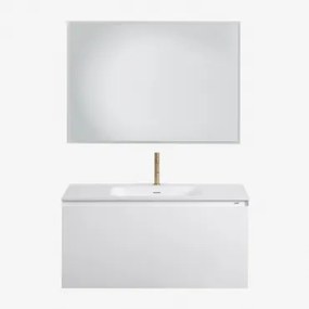 Macrae Zwevend Houten Badkamermeubelset Met Geïntegreerde Wastafel Wit & Rechthoekige Led En Anticondens 100x70 Cm Riben & Geborsteld Goud ↑20 Cm Met