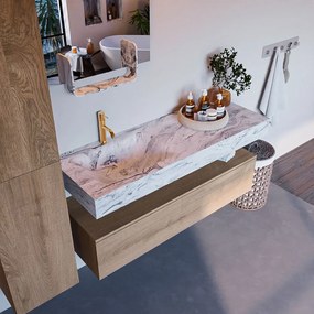 Mondiaz Alan DLux badmeubel 130cm washed oak 1 lade met wastafel glace links 1 kraangat