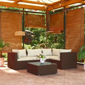 vidaXL 5-delige Loungeset met kussens poly rattan bruin