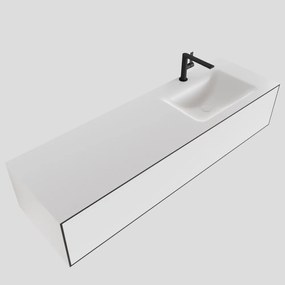 Zaro Lagom volledig naadloos solid surface onderkast 150cm mat zwart met 1 lade Push tot open. Compleet met solid surface wastafel met 1 kraangat(en)