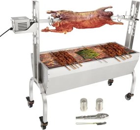 VEVOR Speenvarken Grill Lamsgrill 117 cm, 41 kg RVS Rotisserie Spit 4-niveaus Hoogteverstelbaar, 50 W 2-in-1 BBQ Rotisserie Grill Inclusief kruidenpotje & Reinigingsborstel & Handvat Elektrische Grill Verplaatsbaar
