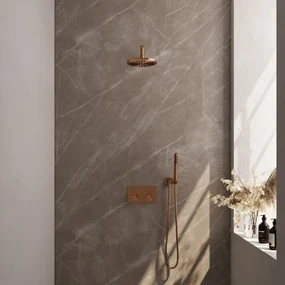 Brauer Copper Edition thermostatische inbouw regendouche met staafhanddouche, gebogen muurarm en hoofddouche 20cm set 51 koper geborsteld PVD